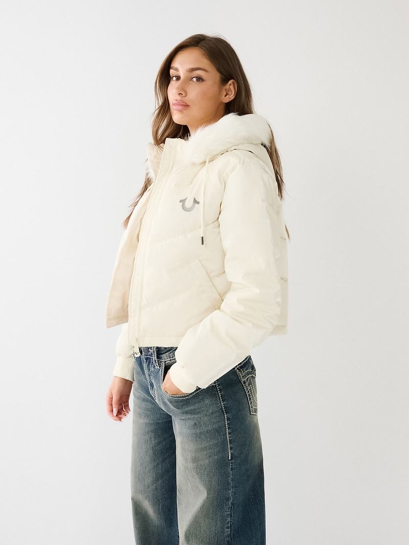 True Religion Faux Fur Mit Kapuze Puffer Oberteile Damen Weiß | 52361GKRI