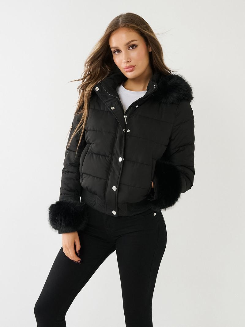 True Religion Faux Fur Trim Puffer Jacke Damen Schwarz | 62538FHKN