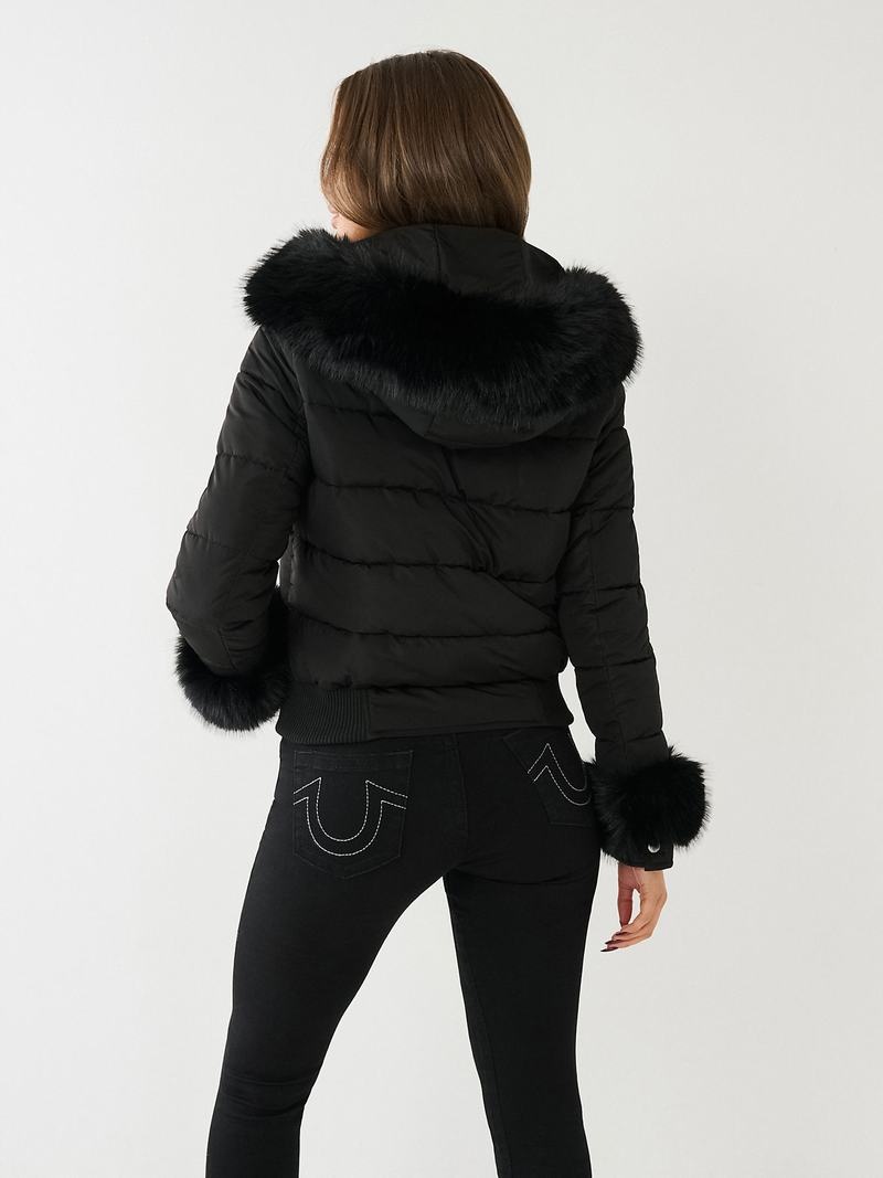 True Religion Faux Fur Trim Puffer Jacke Damen Schwarz | 62538FHKN