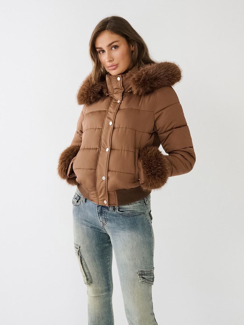 True Religion Faux Fur Trim Puffer Jacke Damen Dunkelbraun | 45613FVAT