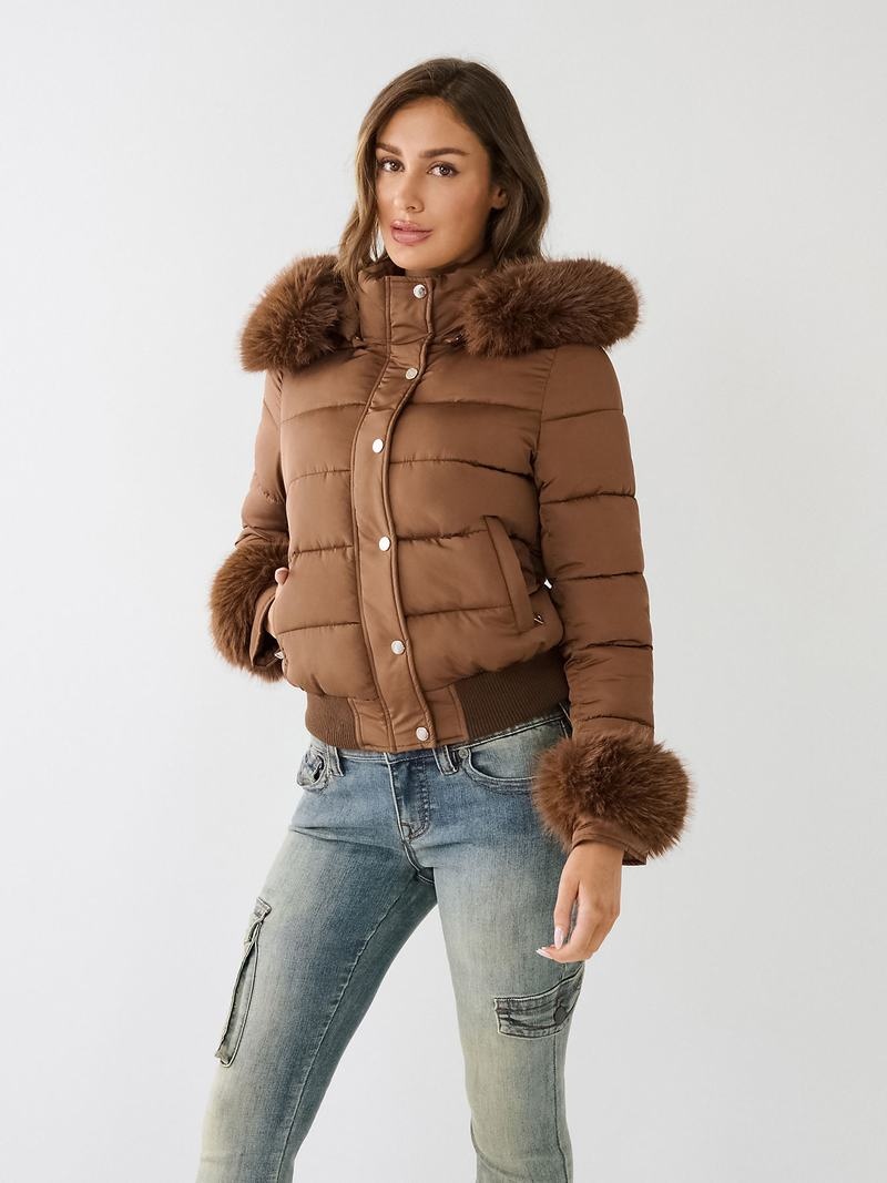 True Religion Faux Fur Trim Puffer Jacke Damen Dunkelbraun | 45613FVAT