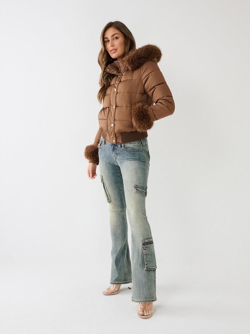 True Religion Faux Fur Trim Puffer Jacke Damen Dunkelbraun | 45613FVAT