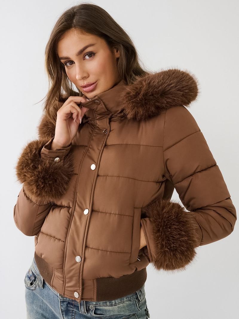 True Religion Faux Fur Trim Puffer Jacke Damen Dunkelbraun | 45613FVAT