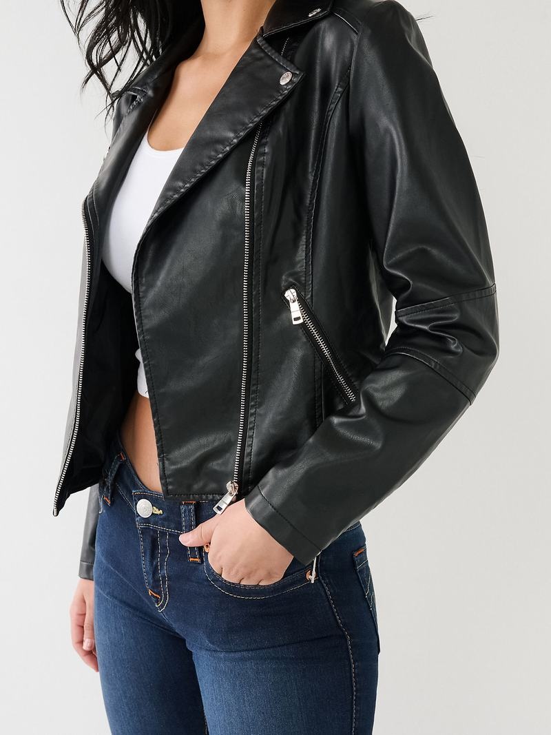 True Religion Faux Leder Moto Jacke Damen Schwarz | 94807AHMB