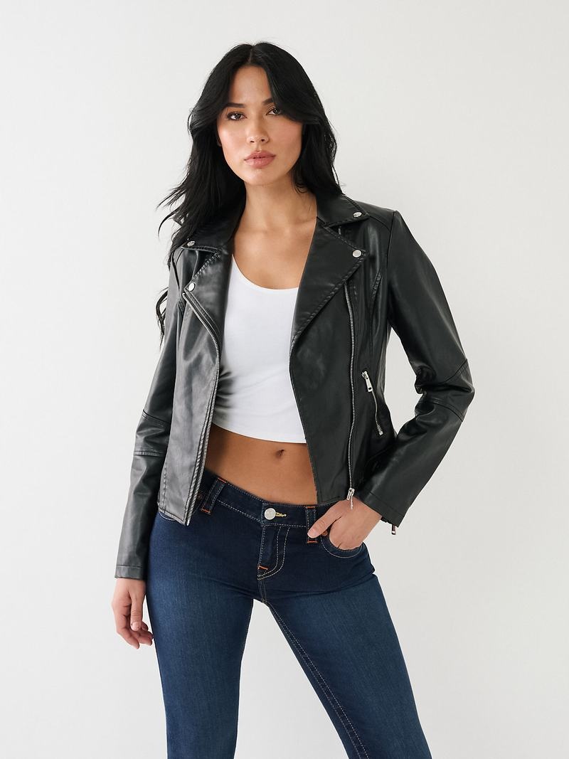 True Religion Faux Leder Moto Jacke Damen Schwarz | 94807AHMB