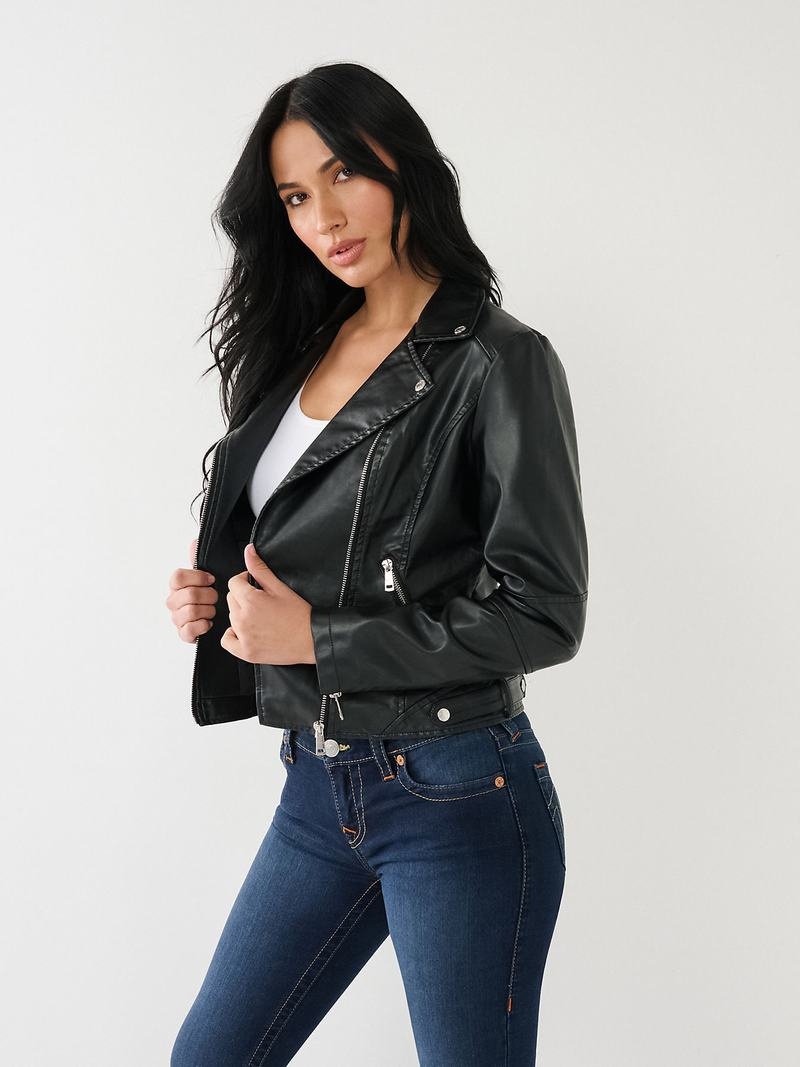 True Religion Faux Leder Moto Jacke Damen Schwarz | 94807AHMB