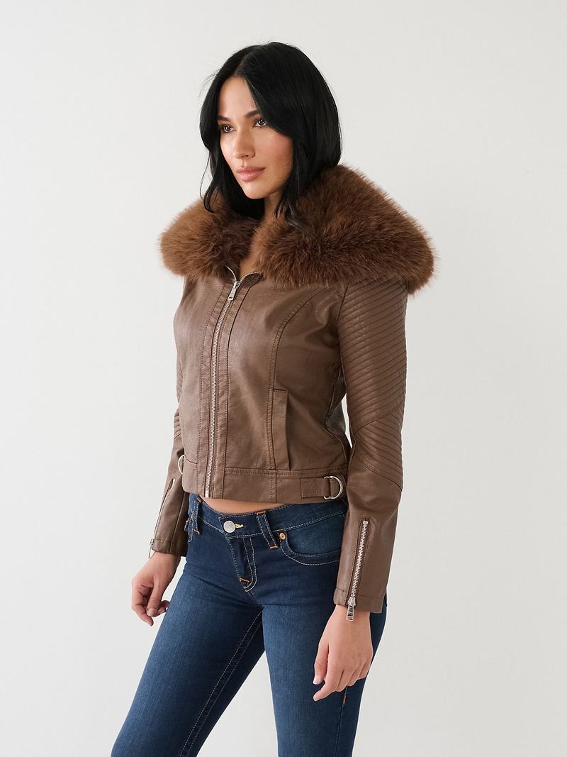 True Religion Fur Trim Faux Leder Moto Jacke Damen Dunkelbraun | 63504SILH