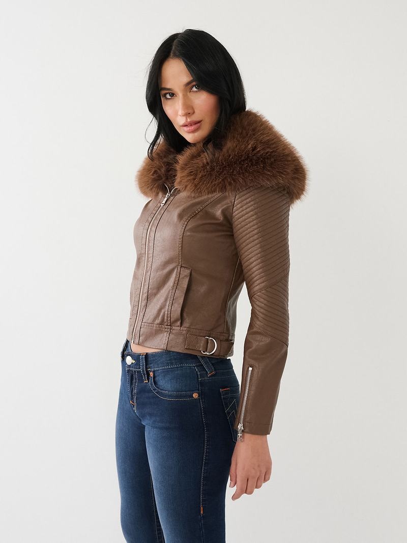 True Religion Fur Trim Faux Leder Moto Jacke Damen Dunkelbraun | 63504SILH