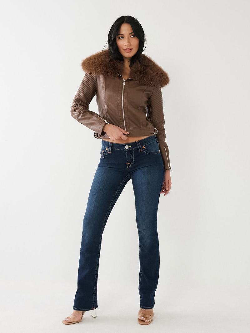 True Religion Fur Trim Faux Leder Moto Jacke Damen Dunkelbraun | 63504SILH