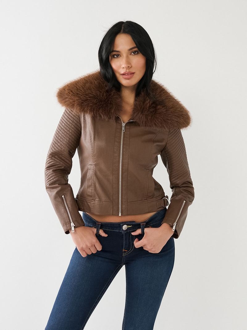 True Religion Fur Trim Faux Leder Moto Jacke Damen Dunkelbraun | 63504SILH