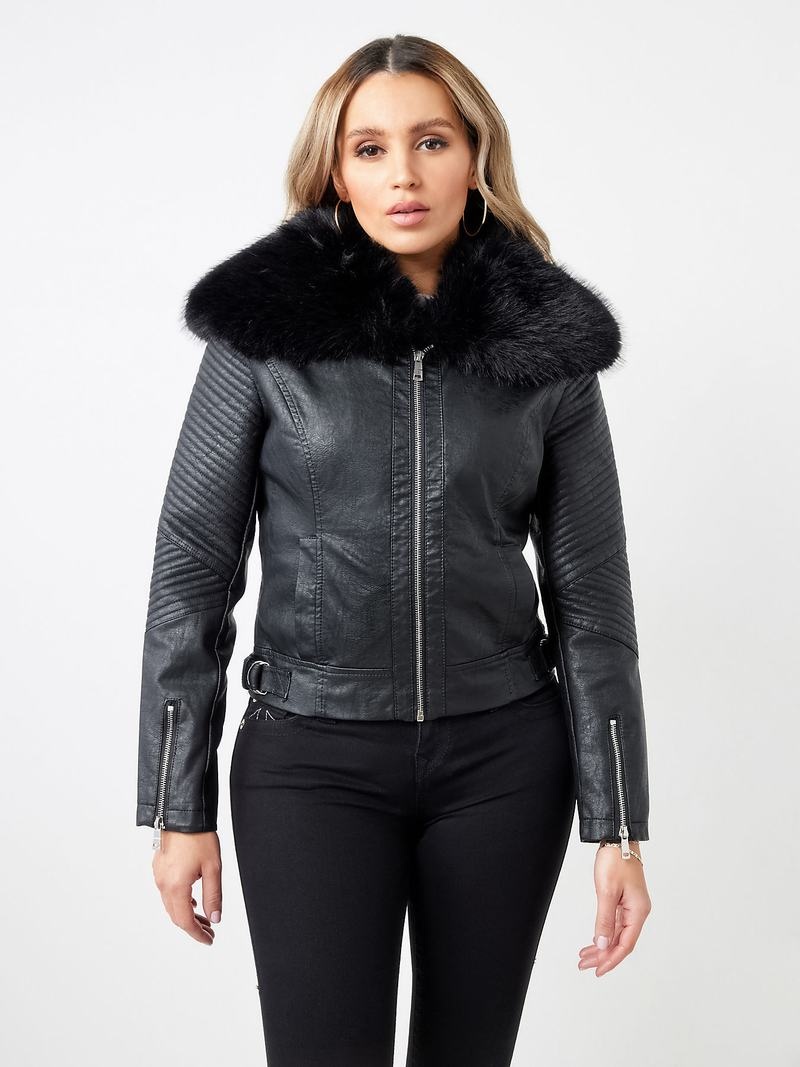 True Religion Fur Trim Faux Leder Moto Jacke Damen Schwarz | 74516YGML