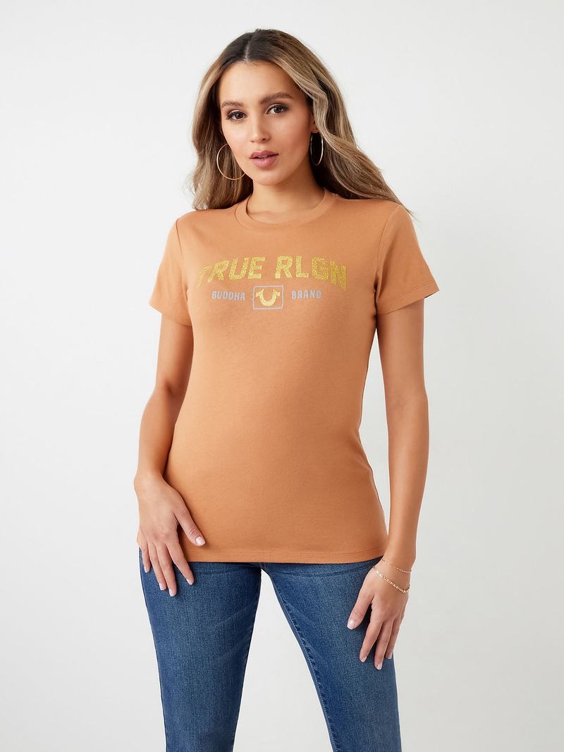 True Religion Glitter True Rlgn Buddha Logo T-Shirts Damen Orange | 21647DTRF