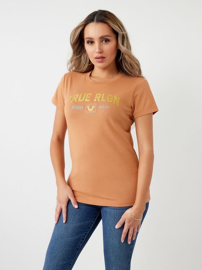 True Religion Glitter True Rlgn Buddha Logo T-Shirts Damen Orange | 21647DTRF