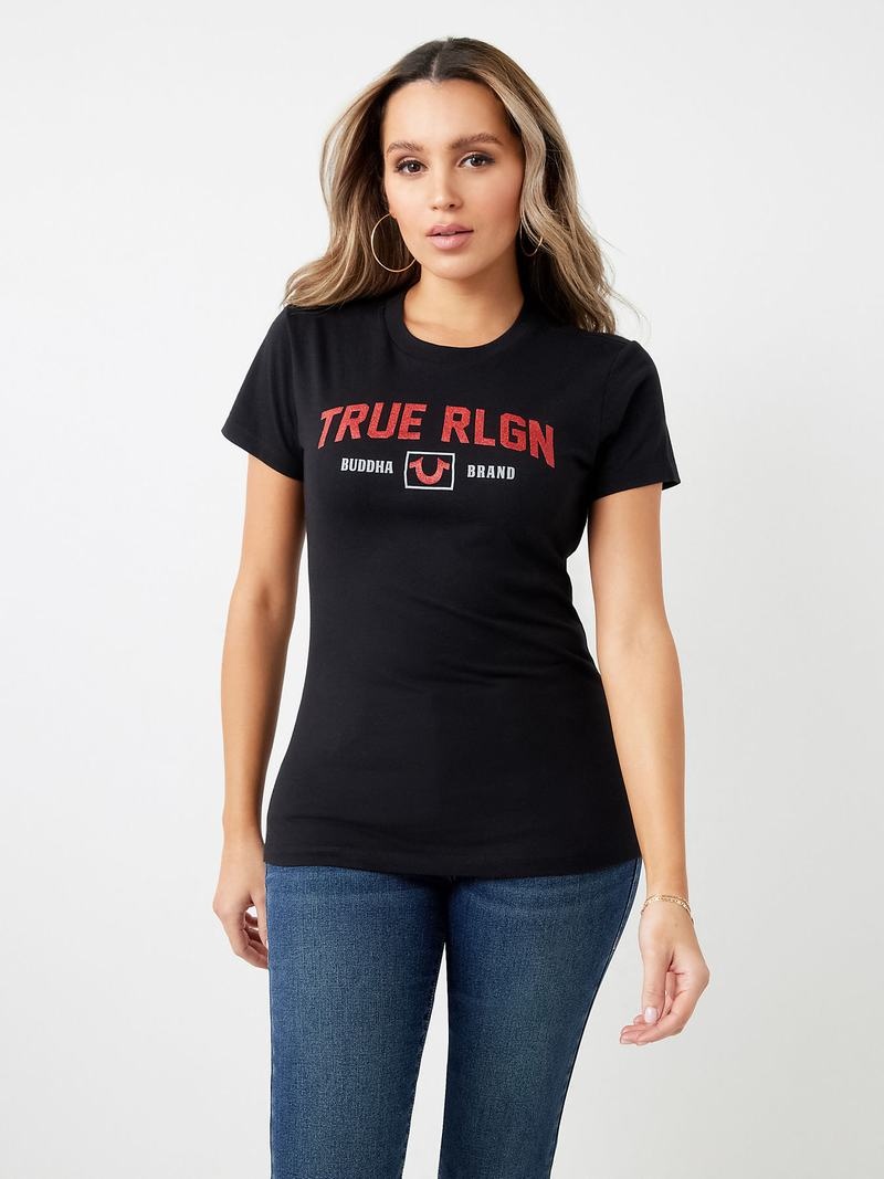 True Religion Glitter True Rlgn Buddha Logo T-Shirts Damen Schwarz | 15948TFRQ