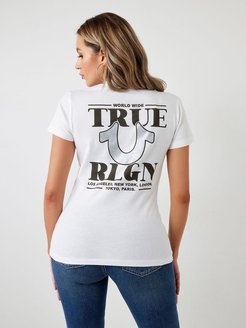 True Religion Glitter World Weite Logo T-Shirts Damen Weiß | 60829XHOA