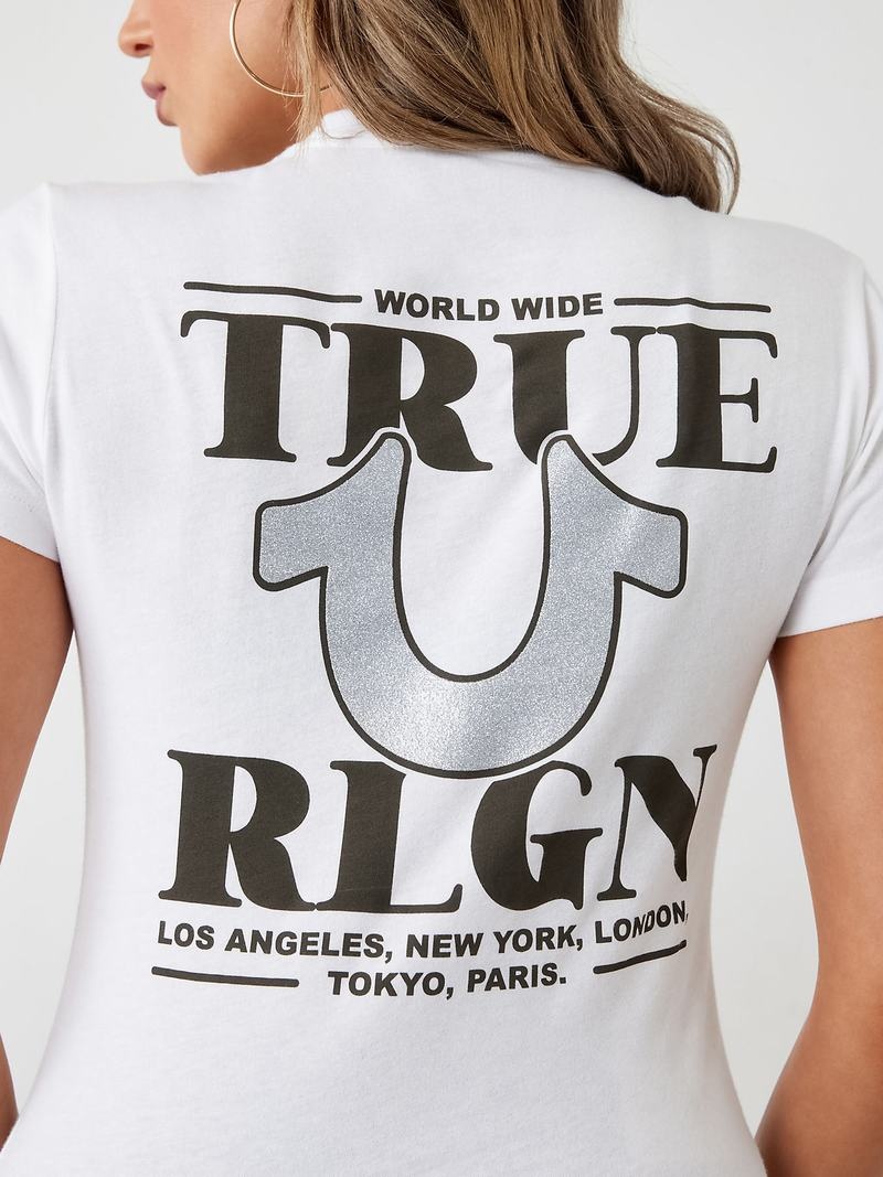 True Religion Glitter World Weite Logo T-Shirts Damen Weiß | 60829XHOA