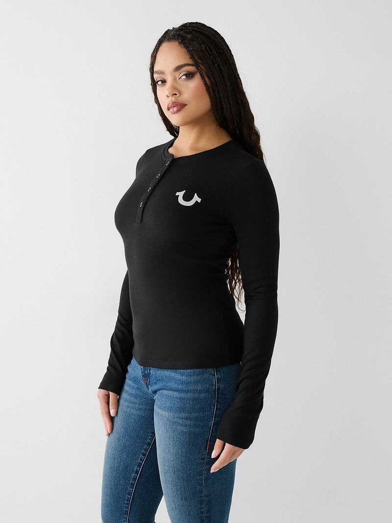 True Religion Henley Hemd Damen Schwarz | 86310MTGL