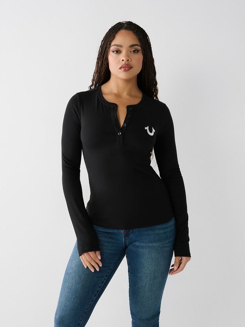 True Religion Henley Hemd Damen Schwarz | 86310MTGL