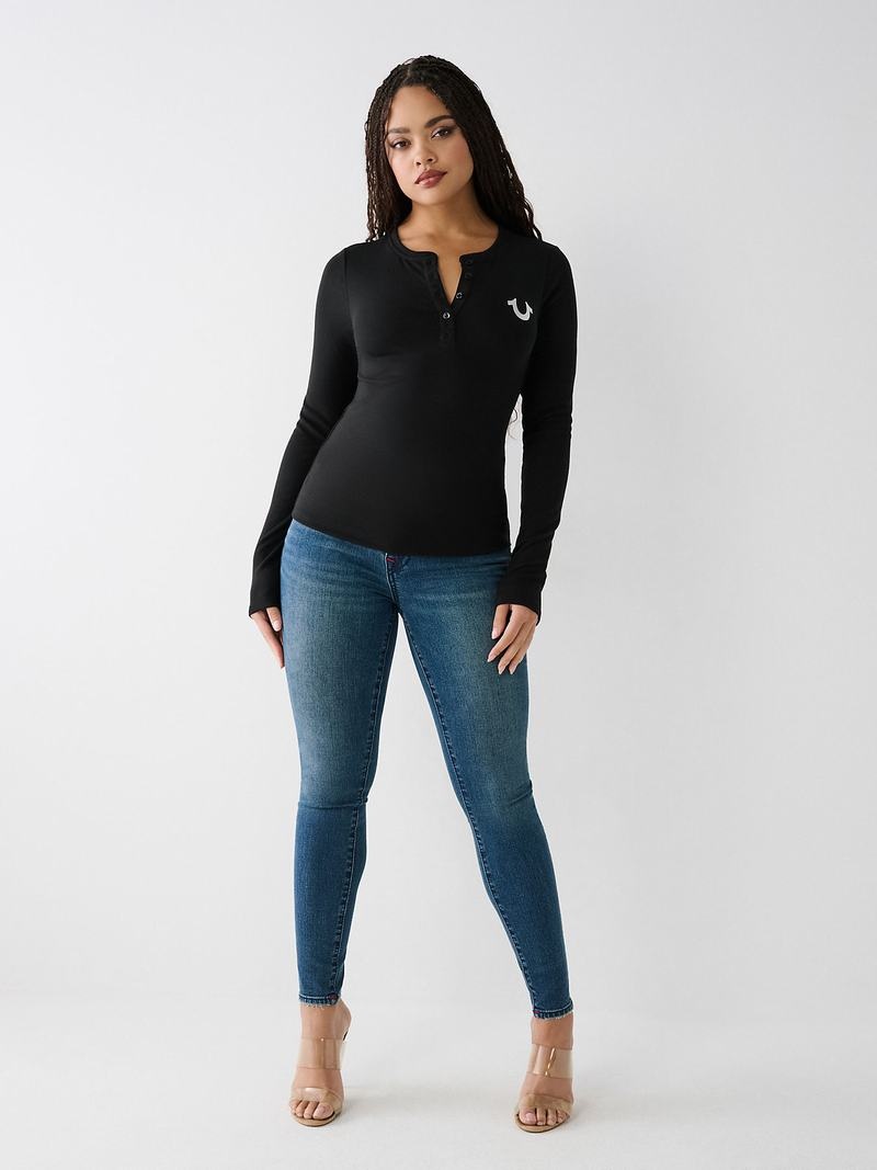 True Religion Henley Hemd Damen Schwarz | 86310MTGL