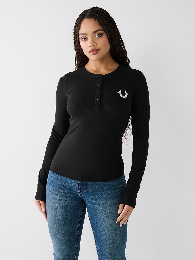 True Religion Henley Hemd Damen Schwarz | 86310MTGL