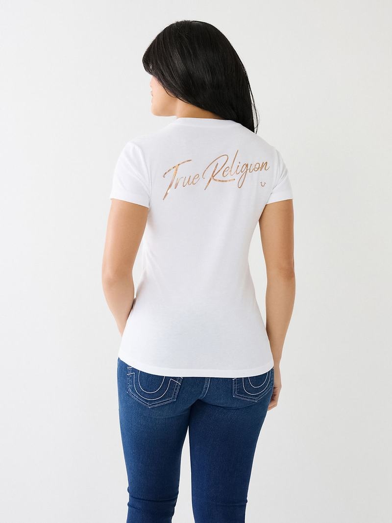 True Religion Hologram Glitter Tr T-Shirts Damen Weiß | 63197HNBV