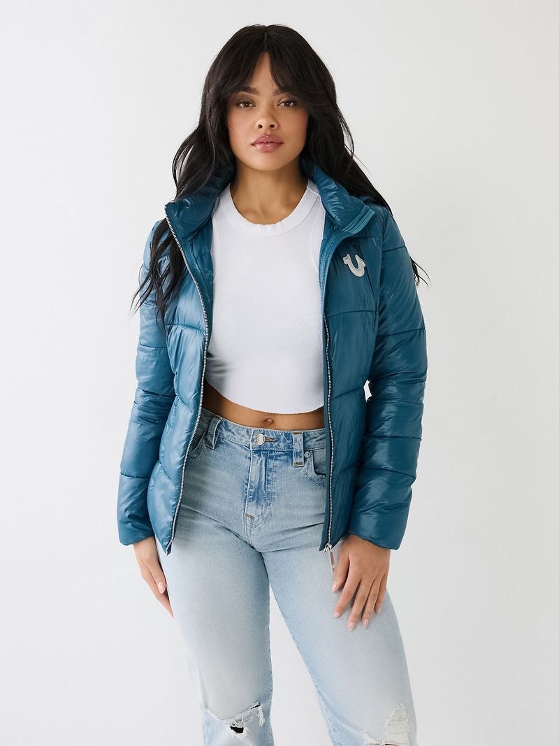 True Religion Horseshoe Logo Mit Kapuze Puffer Jacke Damen Blau | 14367AMRO