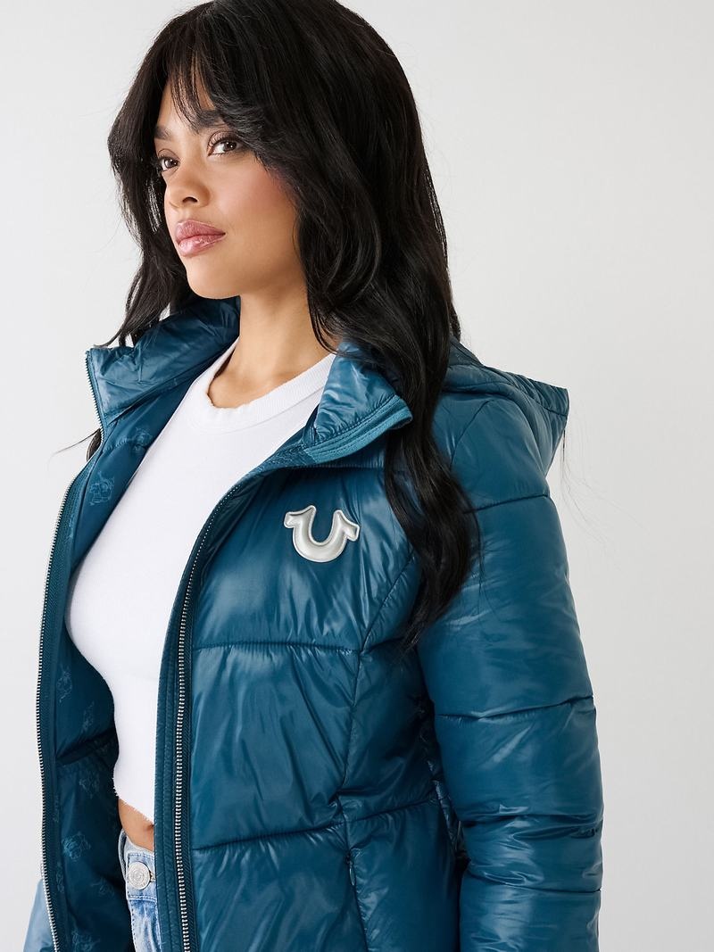 True Religion Horseshoe Logo Mit Kapuze Puffer Jacke Damen Blau | 14367AMRO