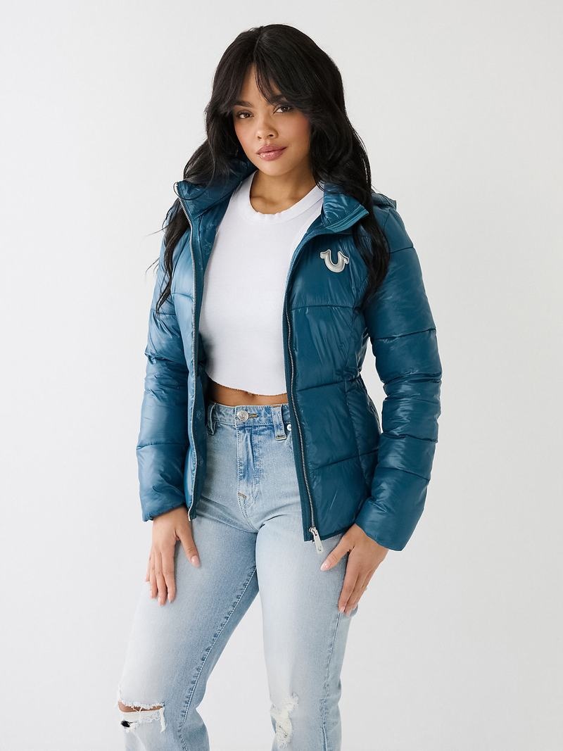 True Religion Horseshoe Logo Mit Kapuze Puffer Jacke Damen Blau | 14367AMRO