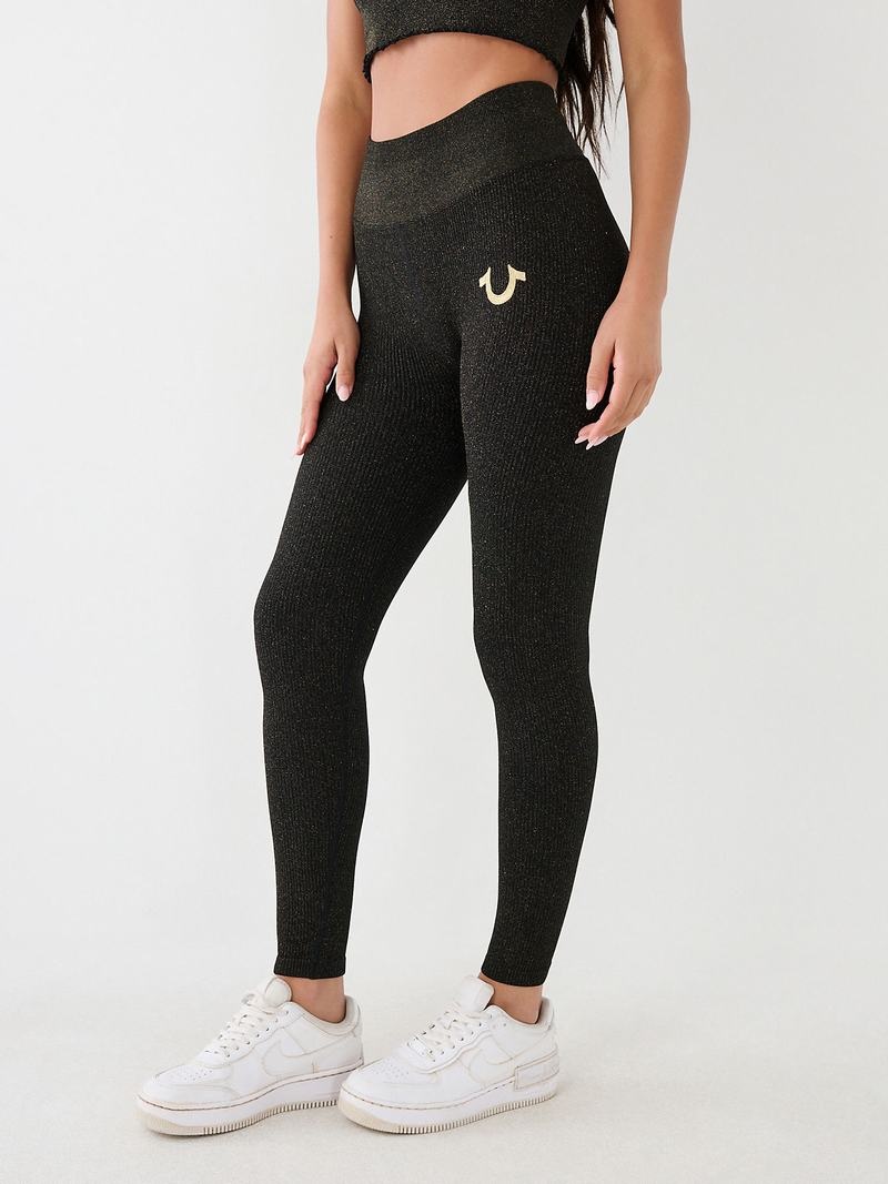 True Religion Horseshoe Logo Seamless Lurex Leggings Damen Schwarz | 13624PFAT