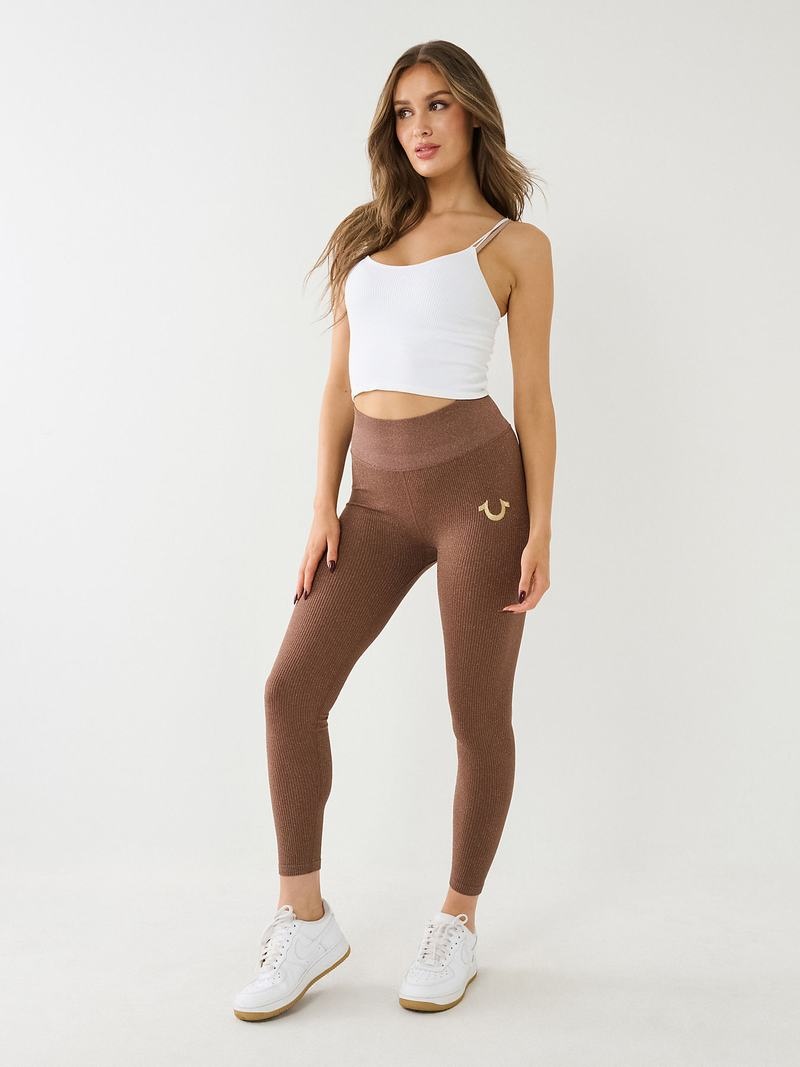 True Religion Horseshoe Logo Seamless Lurex Leggings Damen Beige | 95623TCYZ