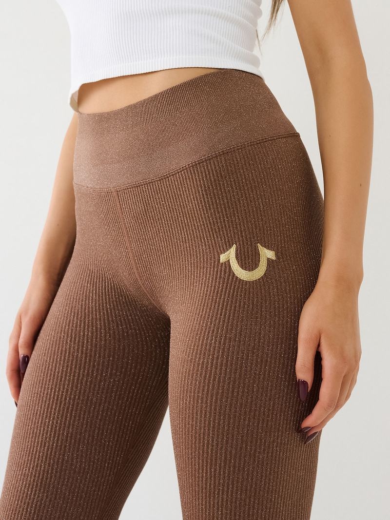 True Religion Horseshoe Logo Seamless Lurex Leggings Damen Beige | 95623TCYZ