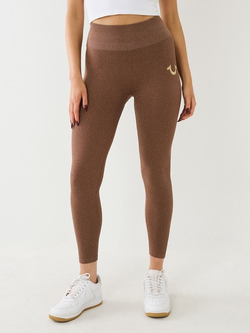 True Religion Horseshoe Logo Seamless Lurex Leggings Damen Beige | 95623TCYZ