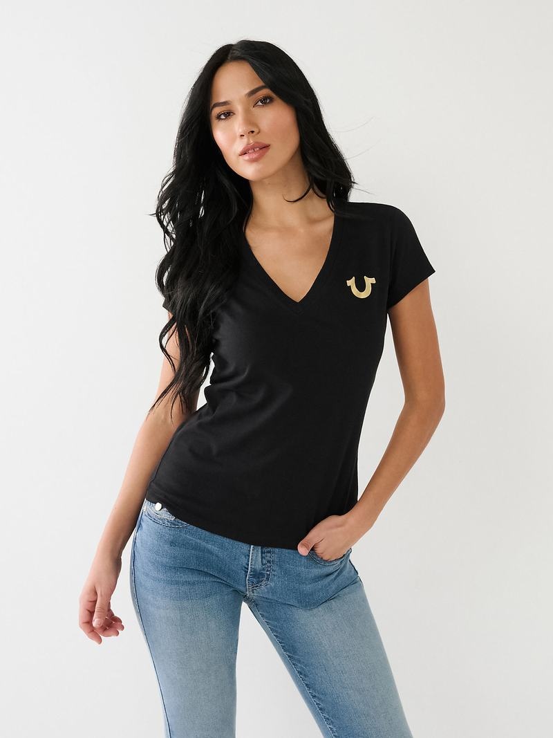 True Religion Horseshoe Logo V T-Shirts Damen Schwarz | 46091TMXV