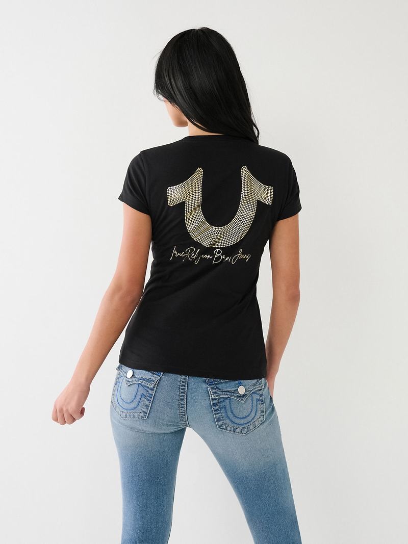 True Religion Horseshoe Logo V T-Shirts Damen Schwarz | 46091TMXV