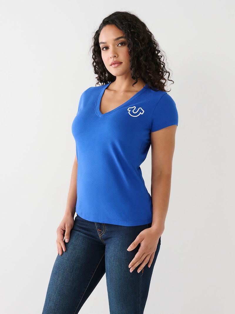 True Religion Horseshoe Logo V T-Shirts Damen Blau | 34187FDTQ