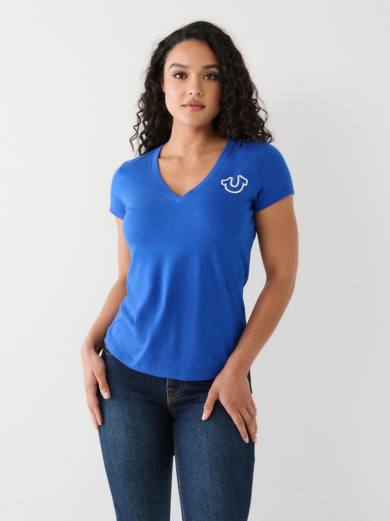 True Religion Horseshoe Logo V T-Shirts Damen Blau | 34187FDTQ