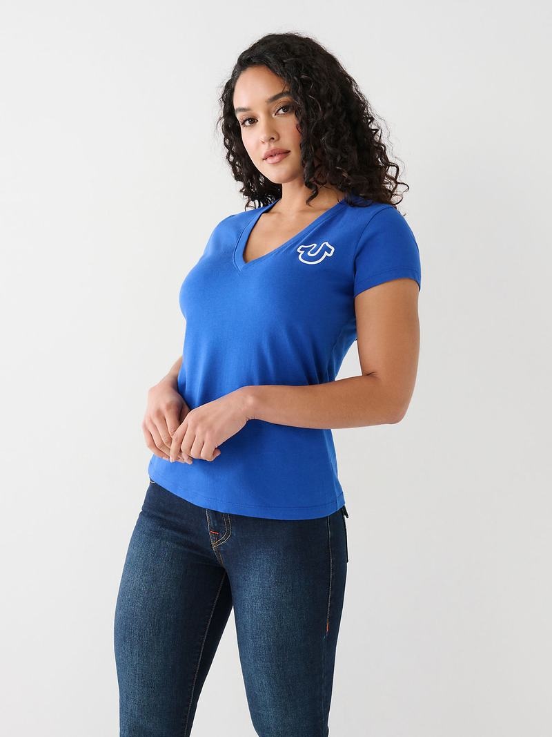 True Religion Horseshoe Logo V T-Shirts Damen Blau | 34187FDTQ