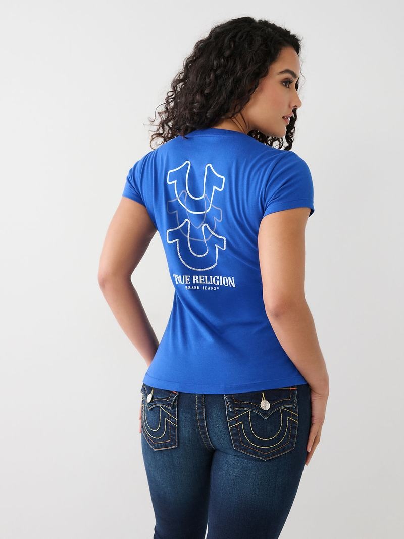 True Religion Horseshoe Logo V T-Shirts Damen Blau | 34187FDTQ