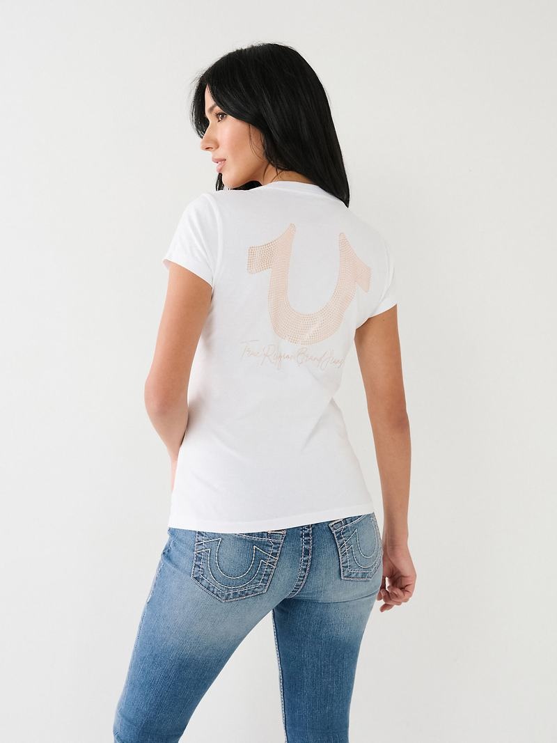 True Religion Horseshoe Logo V T-Shirts Damen Weiß | 18450OMNY