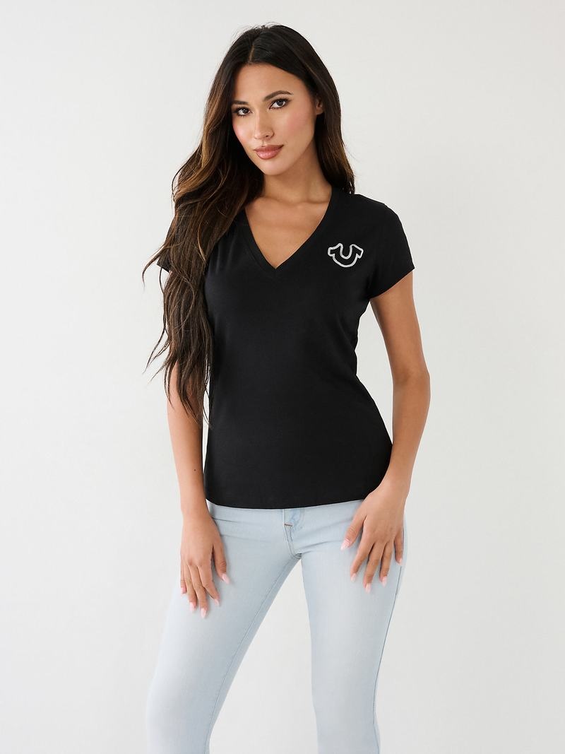 True Religion Horseshoe Logo V T-Shirts Damen Schwarz | 29841CEPH