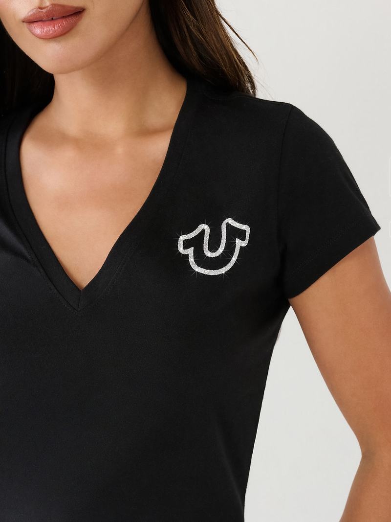 True Religion Horseshoe Logo V T-Shirts Damen Schwarz | 29841CEPH