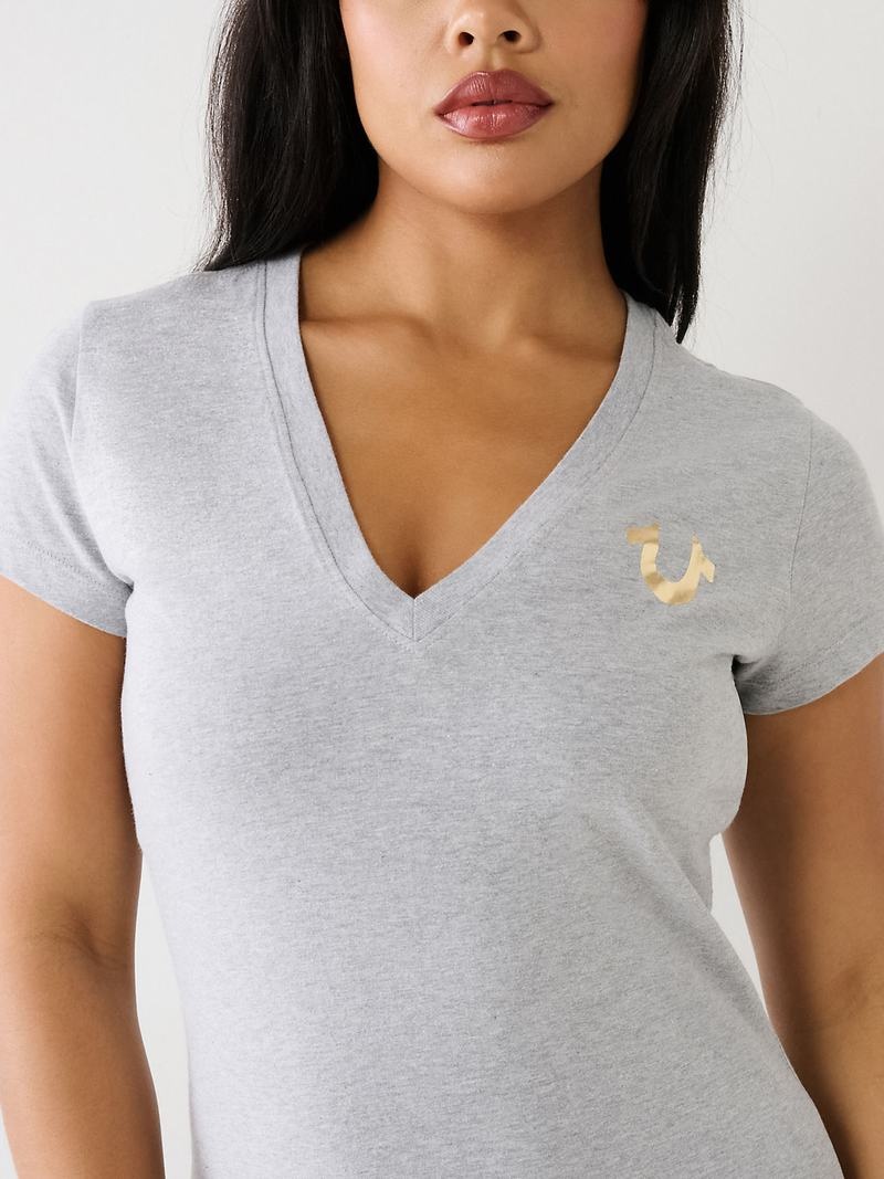 True Religion Horseshoe Logo V T-Shirts Damen Grau | 45027SNGQ