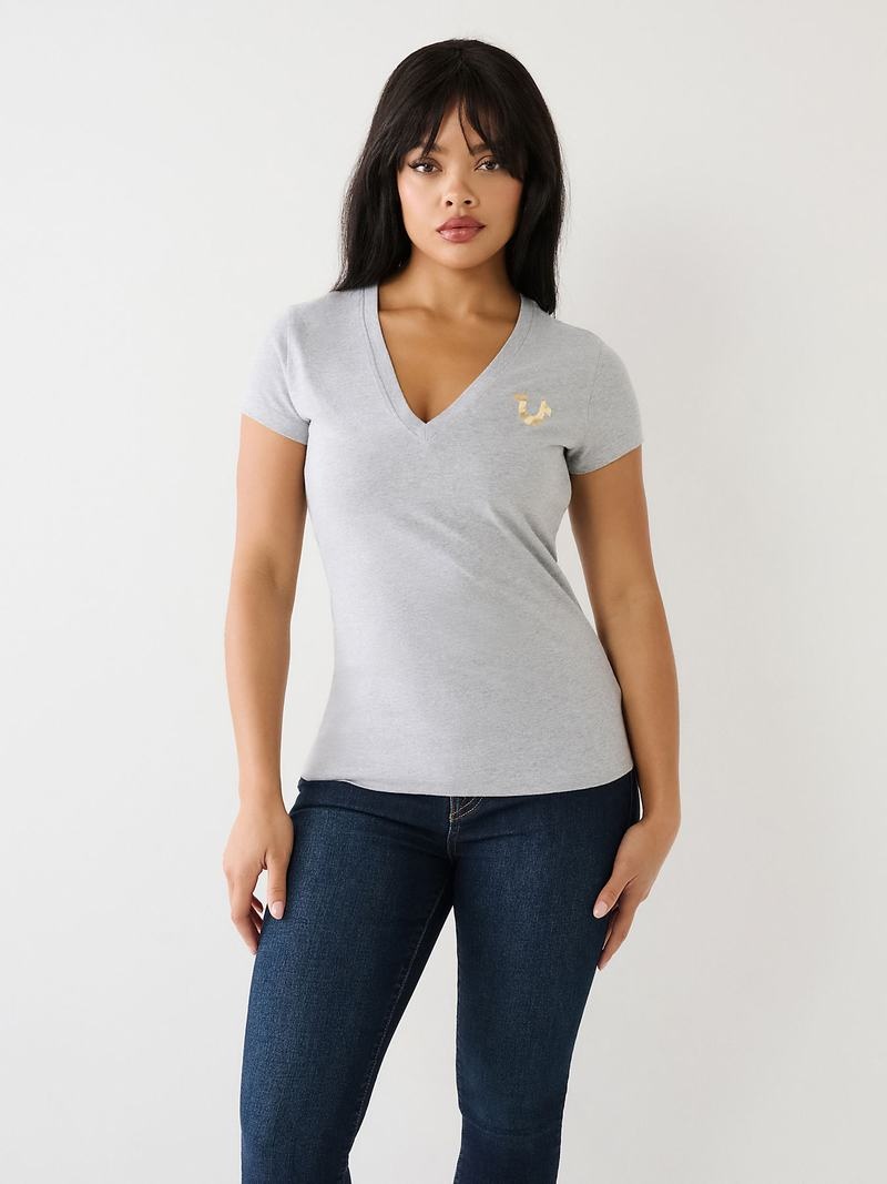 True Religion Horseshoe Logo V T-Shirts Damen Grau | 45027SNGQ