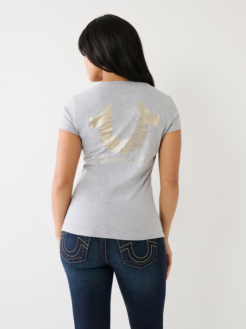 True Religion Horseshoe Logo V T-Shirts Damen Grau | 45027SNGQ