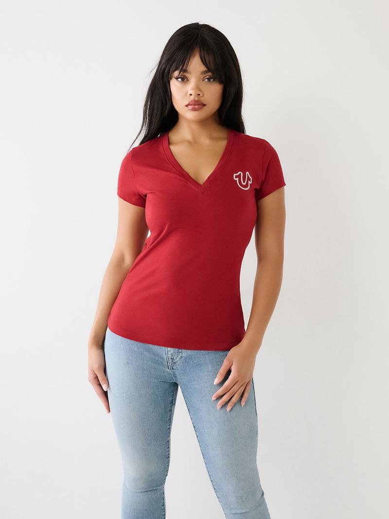 True Religion Horseshoe Logo V T-Shirts Damen Rot | 25104QZJT