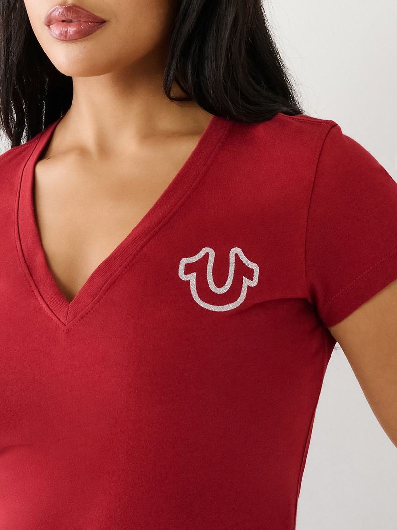 True Religion Horseshoe Logo V T-Shirts Damen Rot | 25104QZJT