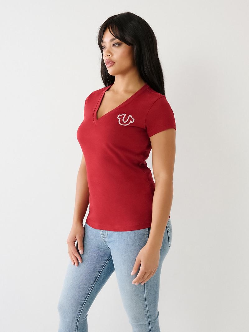 True Religion Horseshoe Logo V T-Shirts Damen Rot | 25104QZJT