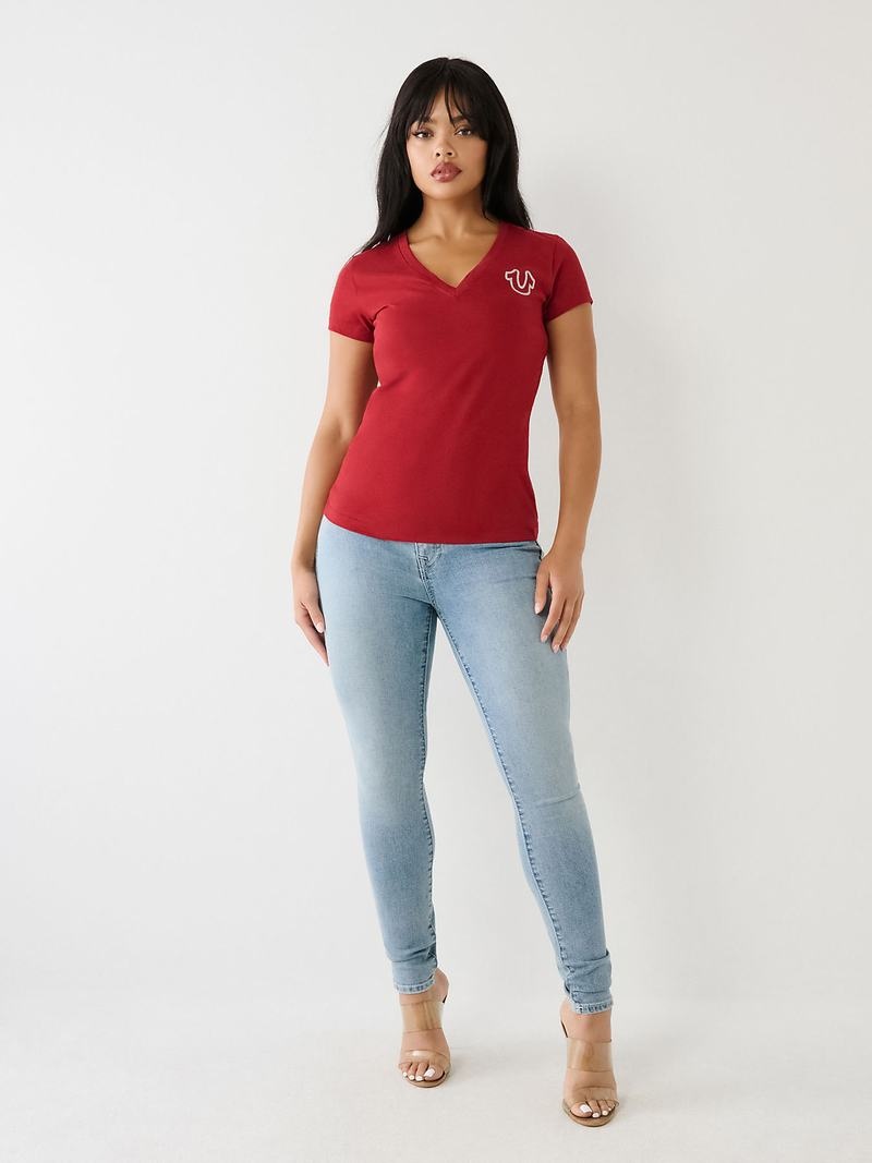 True Religion Horseshoe Logo V T-Shirts Damen Rot | 25104QZJT