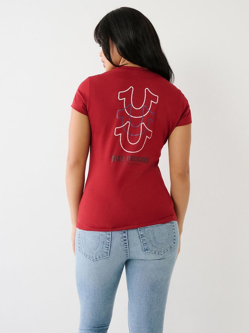 True Religion Horseshoe Logo V T-Shirts Damen Rot | 25104QZJT