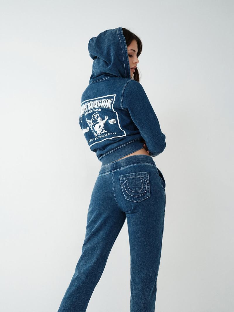 True Religion Indigo Big T Zip Hoodie Damen Indigo | 65740VJGE